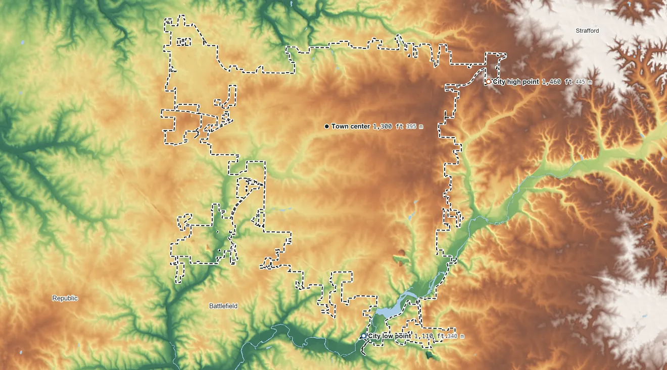 Topographic elevation map of Springfield, Missouri, shaded from 1,110 ft on the south side to 1,460 ft on the east side