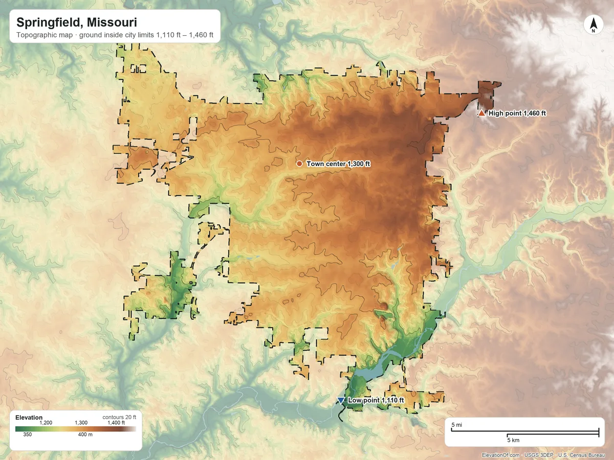 Topographic elevation map of Springfield, Missouri, shaded from 1,110 ft on the south side to 1,460 ft on the east side