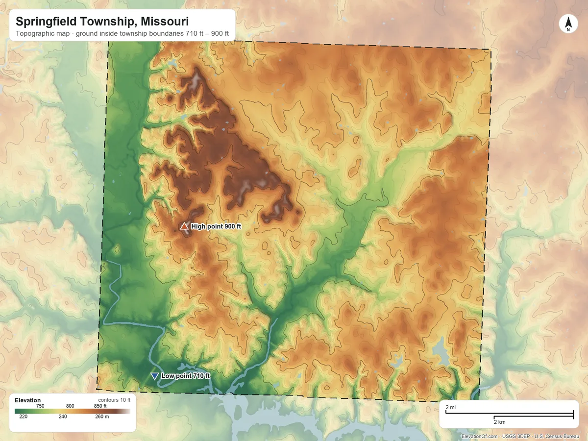 Topographic elevation map of Springfield Township, Missouri, shaded from 710 ft on the southwest side to 900 ft on the west side
