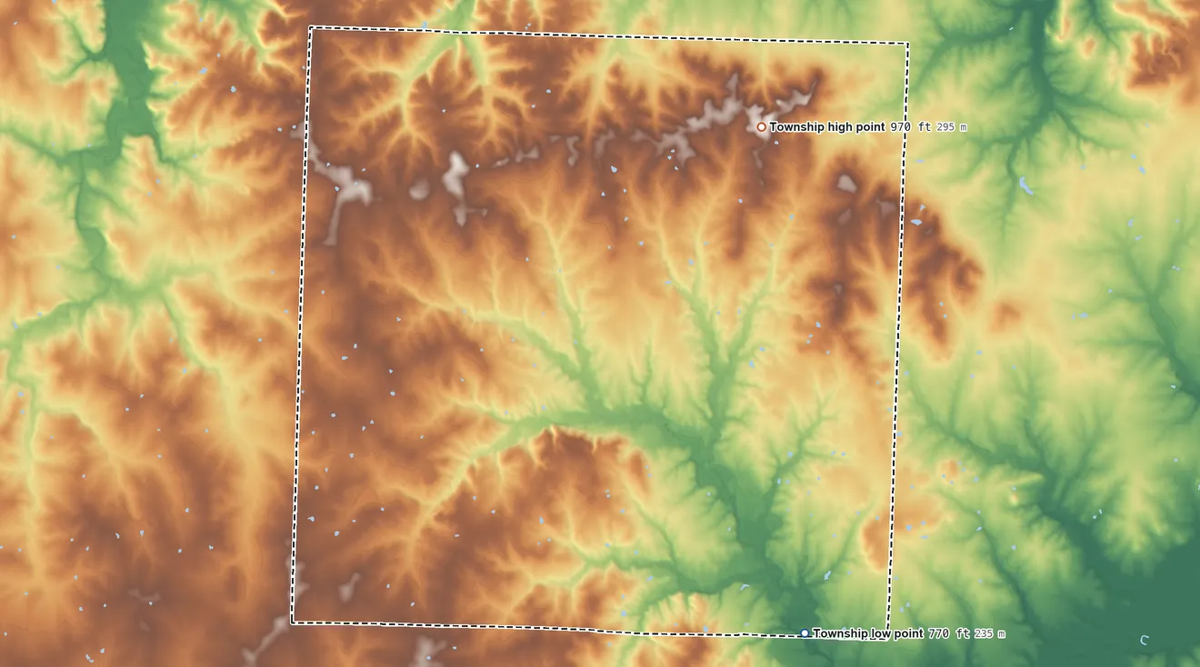 Topographic elevation map of Spruce Township, Missouri, shaded from 770 ft on the southeast side to 970 ft on the northeast side
