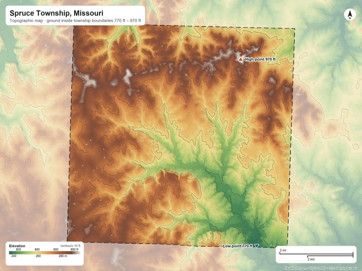 Topographic elevation map of Spruce Township, Missouri, shaded from 770 ft on the southeast side to 970 ft on the northeast side