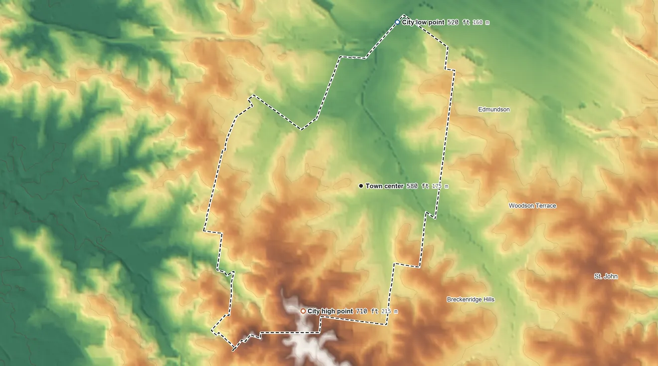 Topographic elevation map of St. Ann, Missouri, shaded from 520 ft on the north side to 710 ft on the southwest side