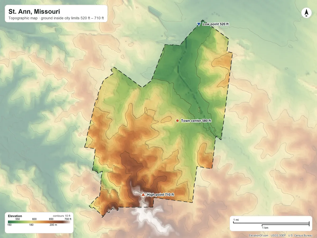 Topographic elevation map of St. Ann, Missouri, shaded from 520 ft on the north side to 710 ft on the southwest side