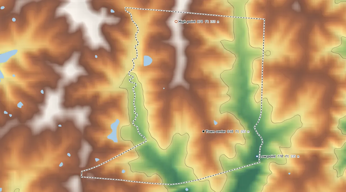 Topographic elevation map of St. Catharine, Missouri, shaded from 770 ft on the southeast side to 870 ft on the north side