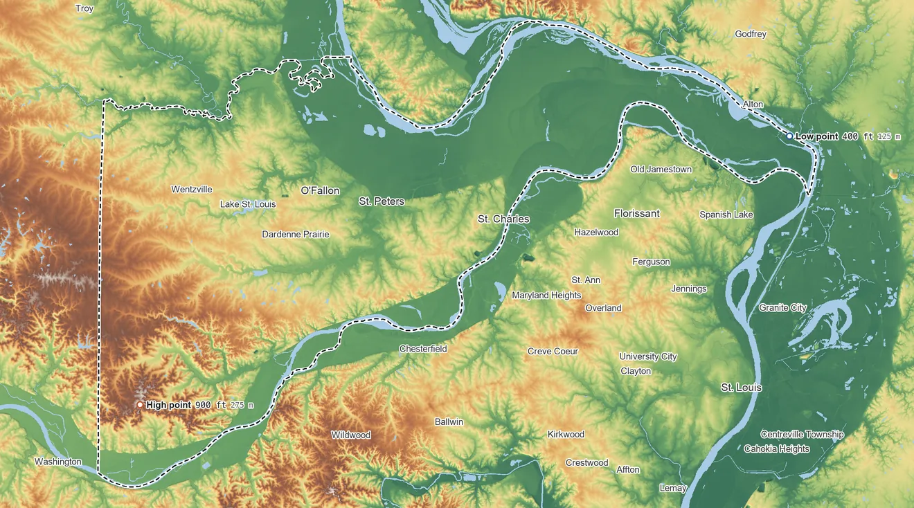 Topographic elevation map of St. Charles County, Missouri, shaded from 400 ft on the east side to 900 ft on the southwest side