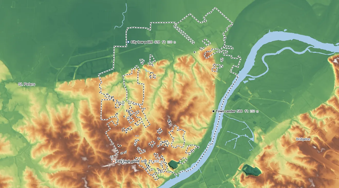 Topographic elevation map of St. Charles, Missouri, shaded from 420 ft on the northwest side to 640 ft on the southwest side