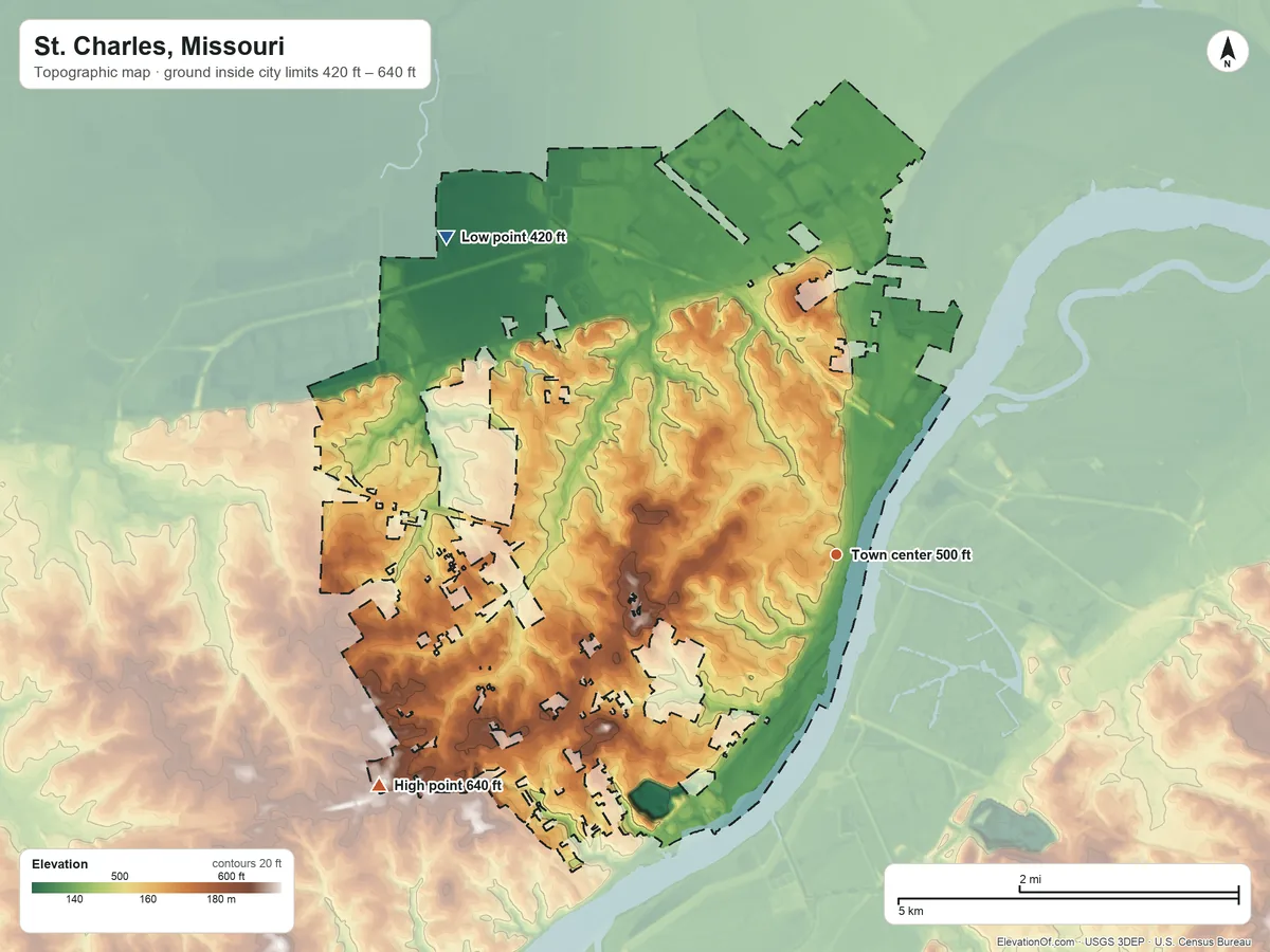 Topographic elevation map of St. Charles, Missouri, shaded from 420 ft on the northwest side to 640 ft on the southwest side