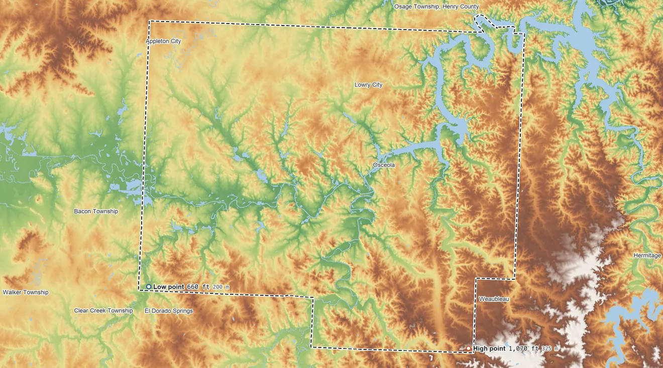 Topographic elevation map of St. Clair County, Missouri, shaded from 660 ft on the southwest side to 1,070 ft on the southeast side