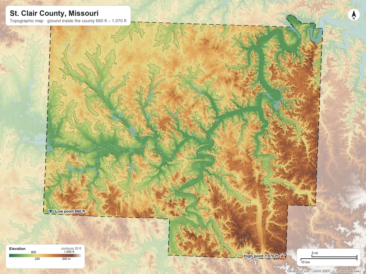 Topographic elevation map of St. Clair County, Missouri, shaded from 660 ft on the southwest side to 1,070 ft on the southeast side