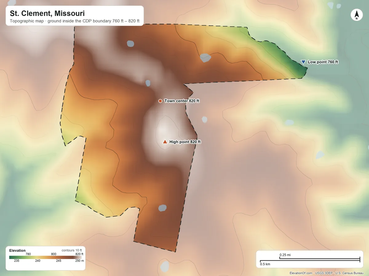 Topographic elevation map of St. Clement, Missouri, shaded from 760 ft on the east side to 820 ft on the south side