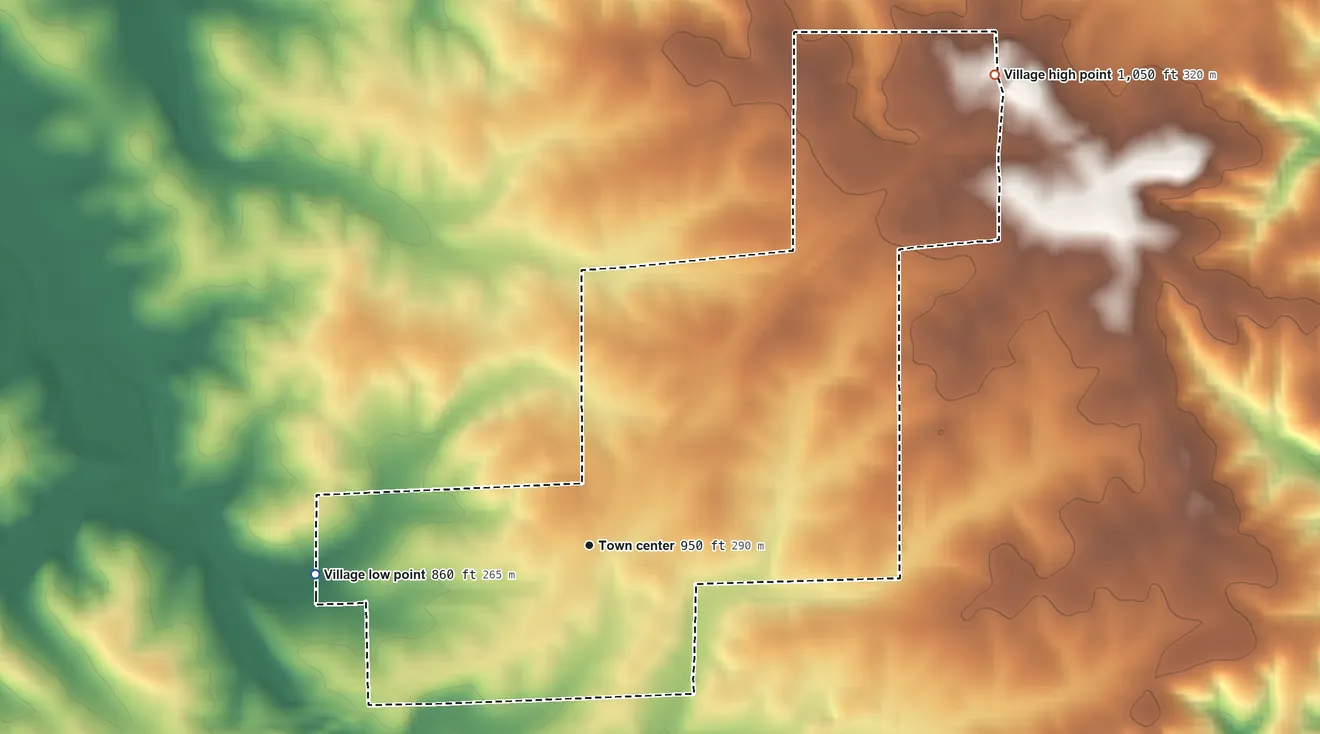 Topographic elevation map of St. Cloud, Missouri, shaded from 860 ft on the west side to 1,050 ft on the northeast side