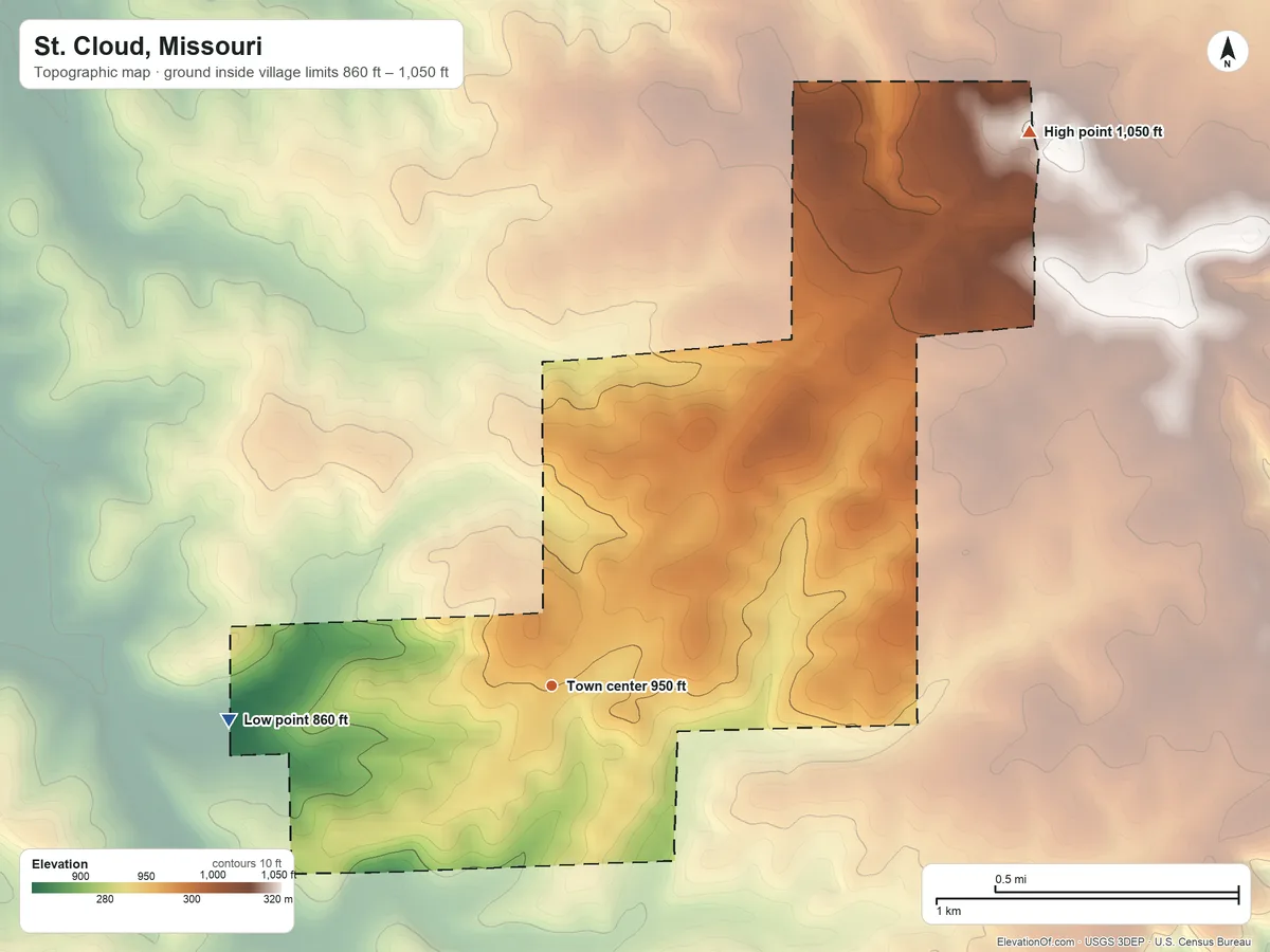 Topographic elevation map of St. Cloud, Missouri, shaded from 860 ft on the west side to 1,050 ft on the northeast side