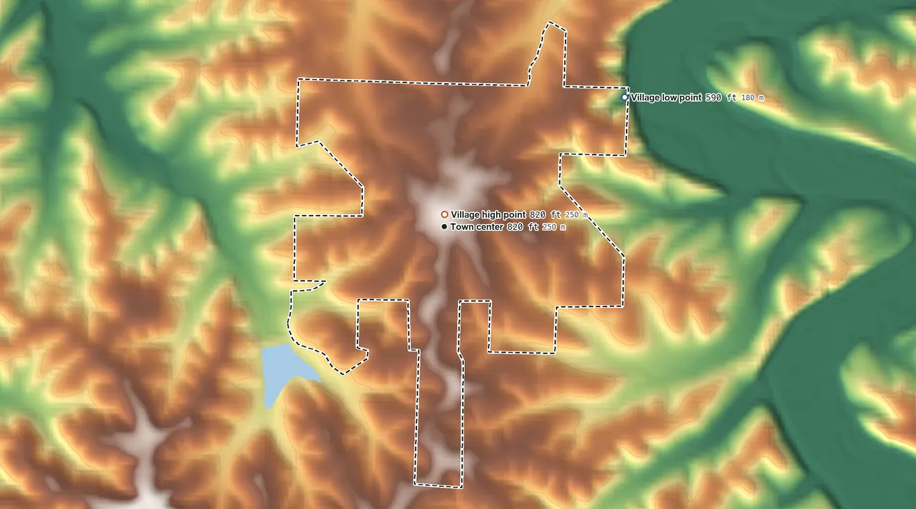 Topographic elevation map of St. Elizabeth, Missouri, shaded from 590 ft on the northeast side to 820 ft near the middle