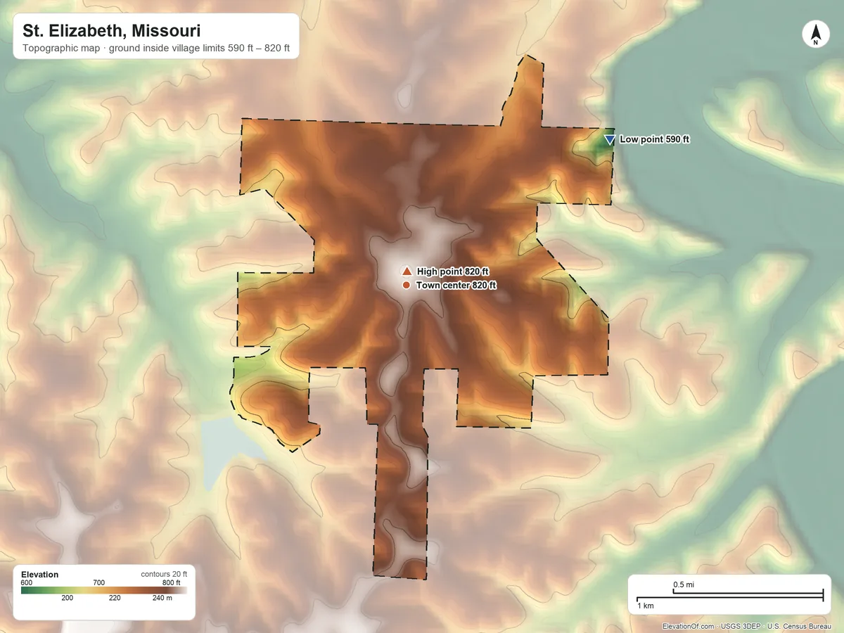 Topographic elevation map of St. Elizabeth, Missouri, shaded from 590 ft on the northeast side to 820 ft near the middle