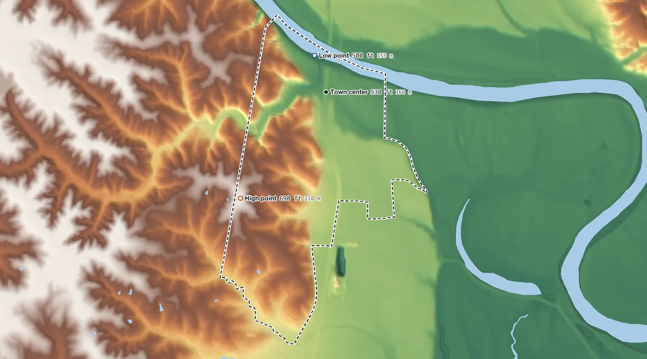 Topographic elevation map of St. Francisville, Missouri, shaded from 500 ft near the middle to 690 ft on the southwest side