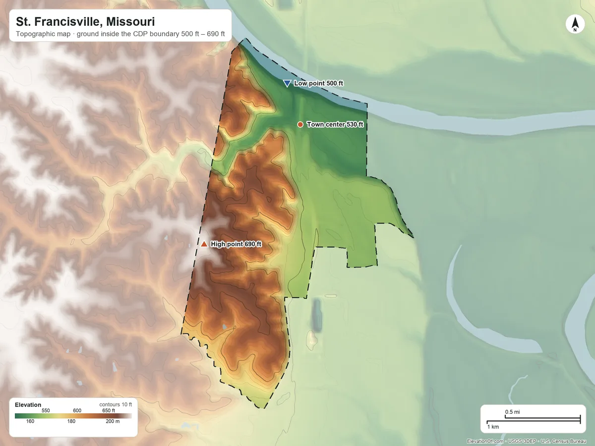 Topographic elevation map of St. Francisville, Missouri, shaded from 500 ft near the middle to 690 ft on the southwest side