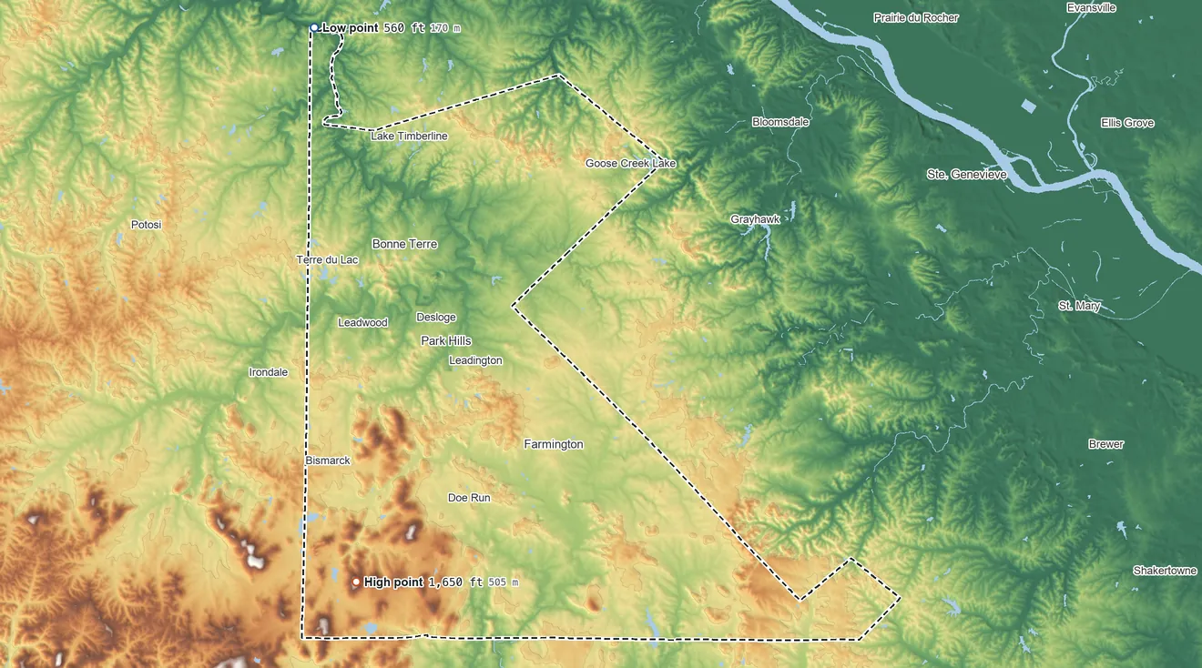 Topographic elevation map of St. Francois County, Missouri, shaded from 560 ft on the northwest side to 1,650 ft on Brown Mountain