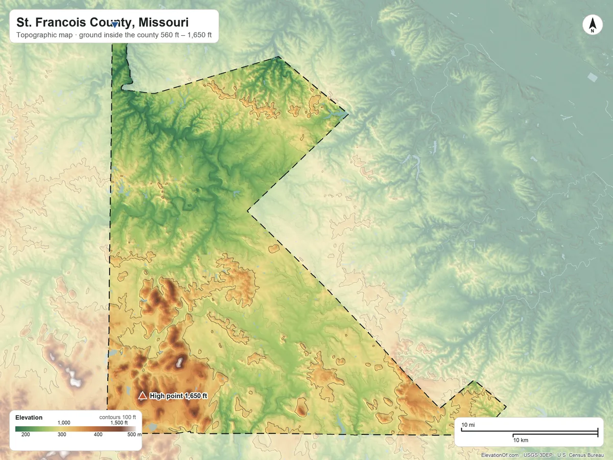 Topographic elevation map of St. Francois County, Missouri, shaded from 560 ft on the northwest side to 1,650 ft on Brown Mountain