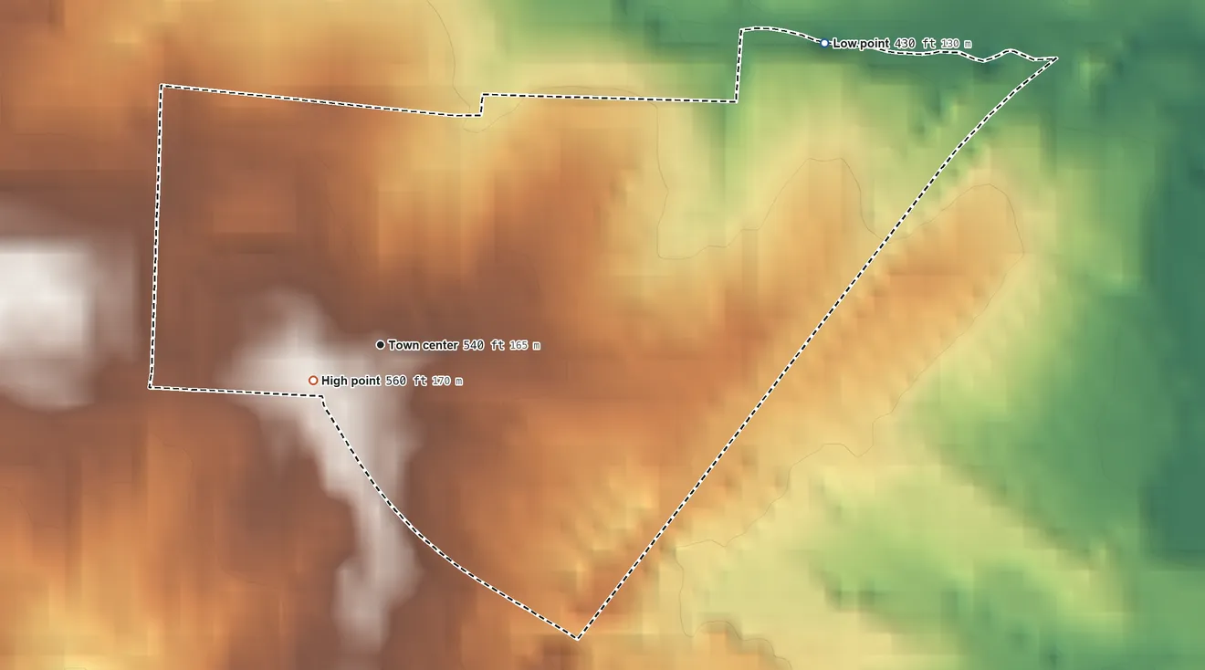 Topographic elevation map of St. George, Missouri, shaded from 430 ft on the northeast side to 560 ft near the middle
