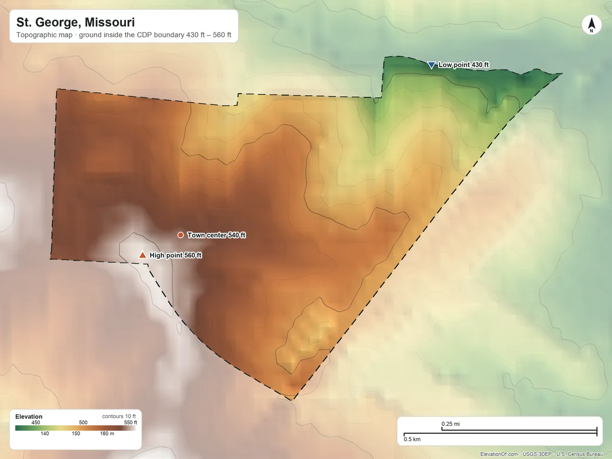 Topographic elevation map of St. George, Missouri, shaded from 430 ft on the northeast side to 560 ft near the middle