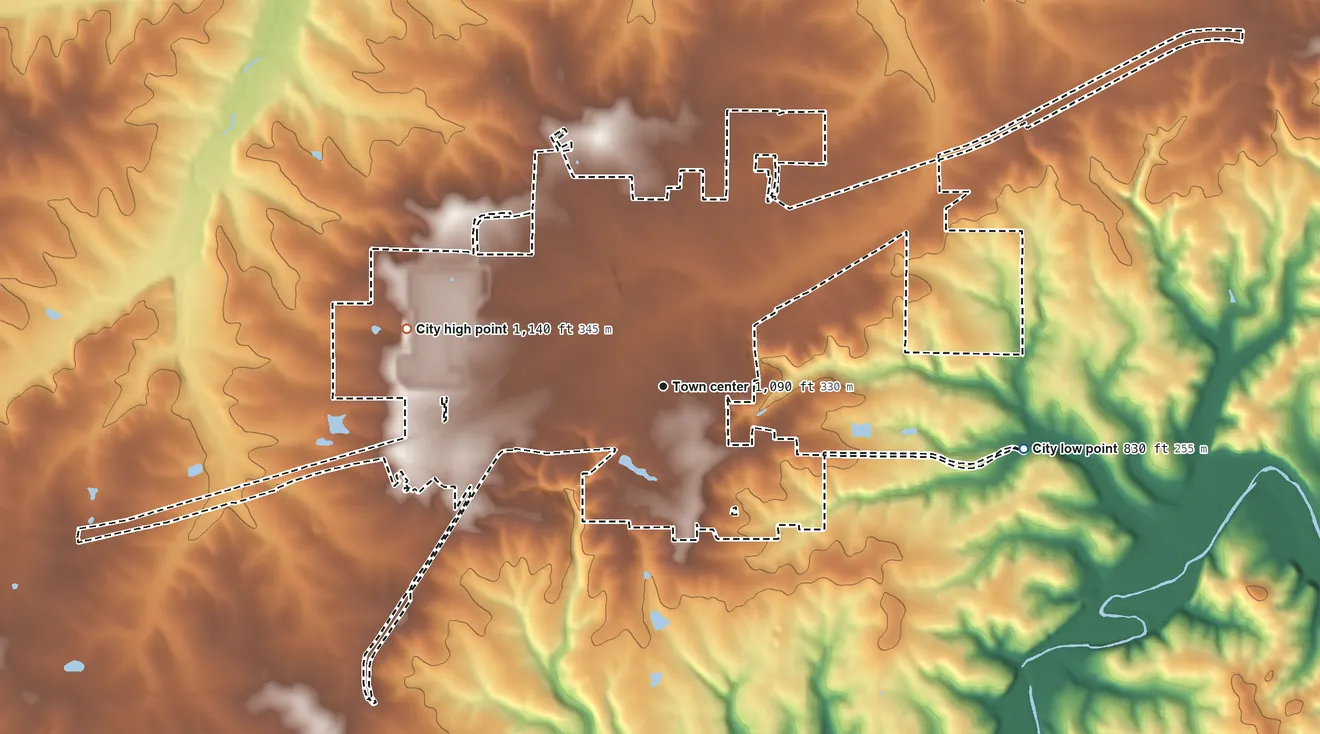 Topographic elevation map of St. James, Missouri, shaded from 830 ft on the east side to 1,140 ft on the west side