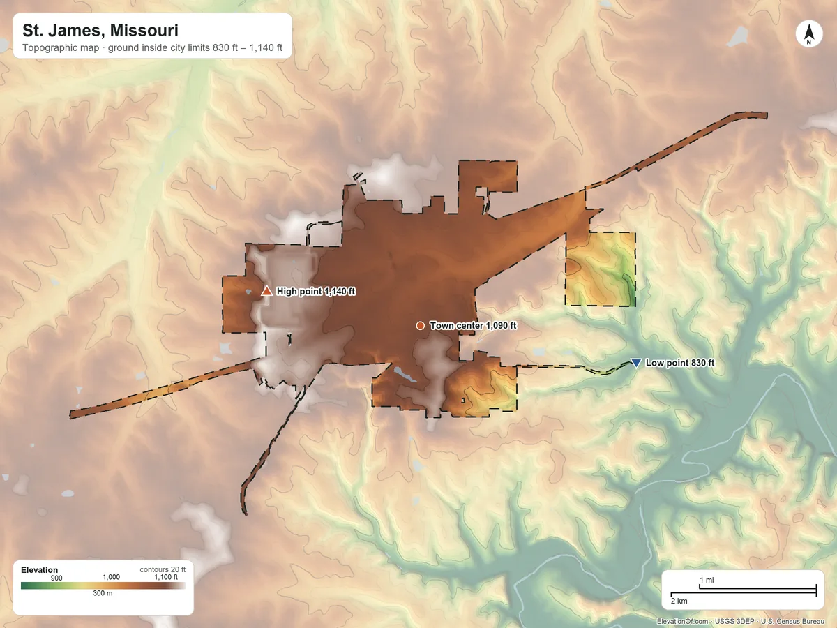 Topographic elevation map of St. James, Missouri, shaded from 830 ft on the east side to 1,140 ft on the west side