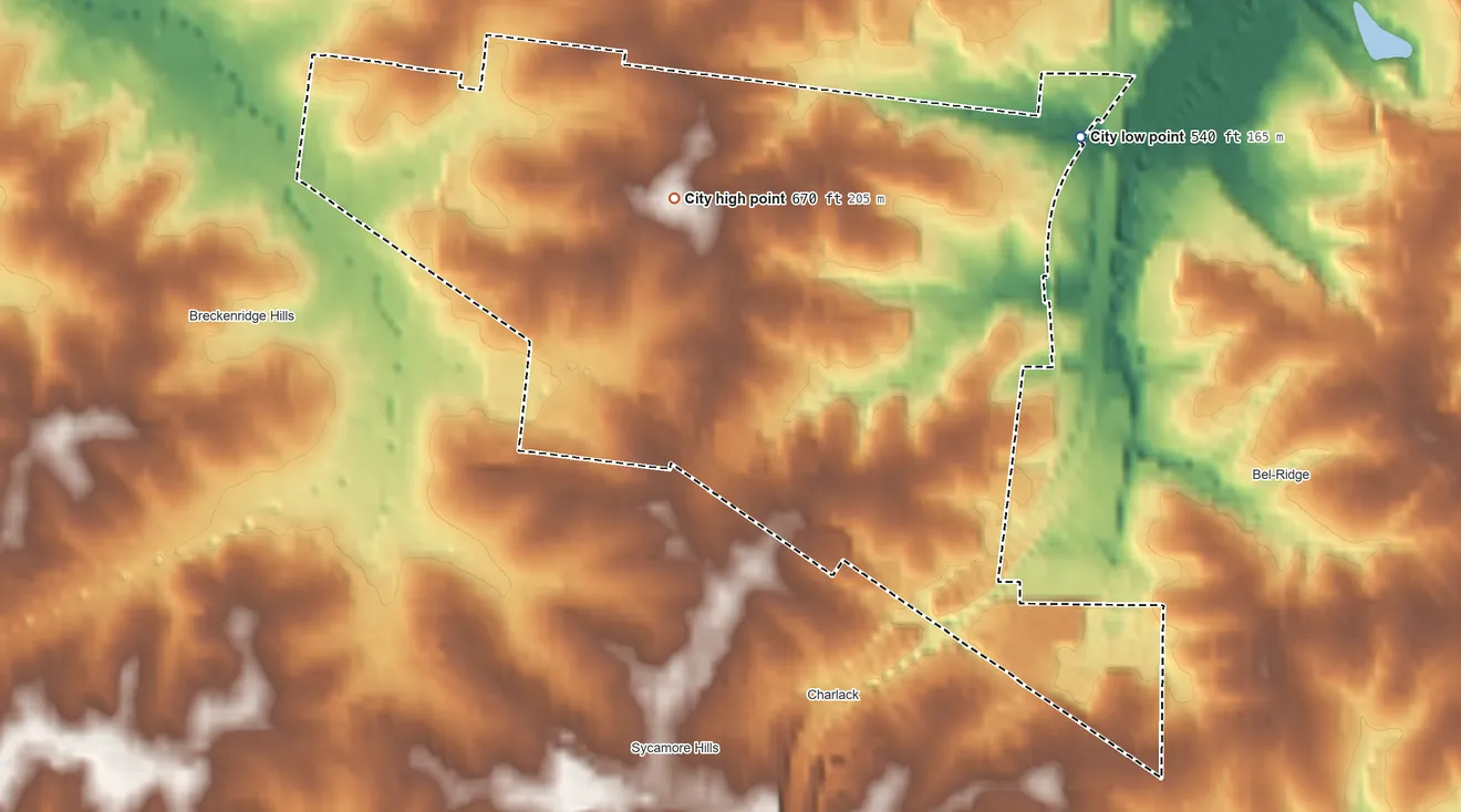 Topographic elevation map of St. John, Missouri, shaded from 540 ft on the east side to 670 ft near the middle