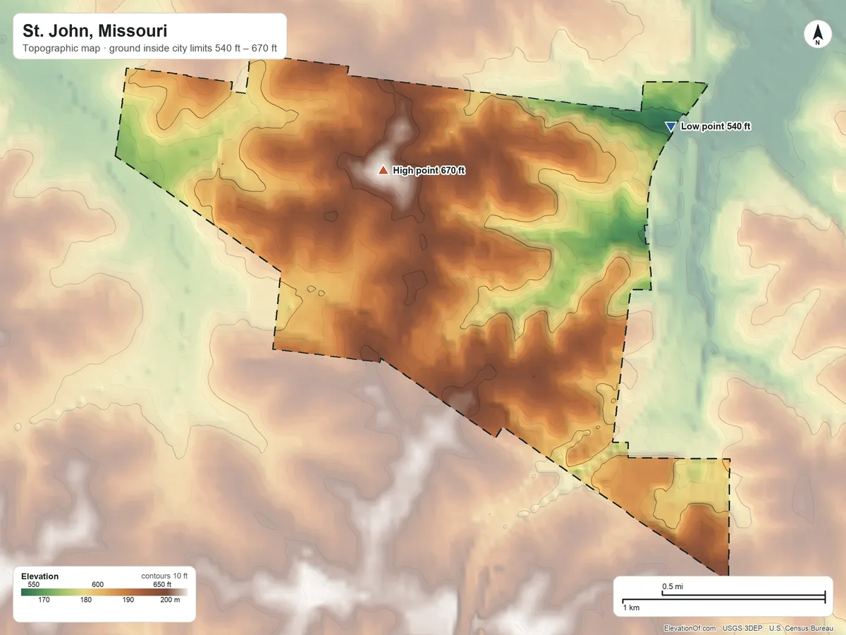 Topographic elevation map of St. John, Missouri, shaded from 540 ft on the east side to 670 ft near the middle