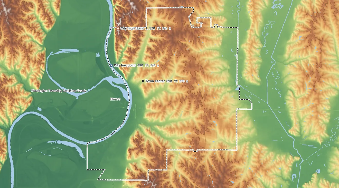 Topographic elevation map of St. Joseph, Missouri, shaded from 790 ft on the northwest side to 1,120 ft on the northwest side