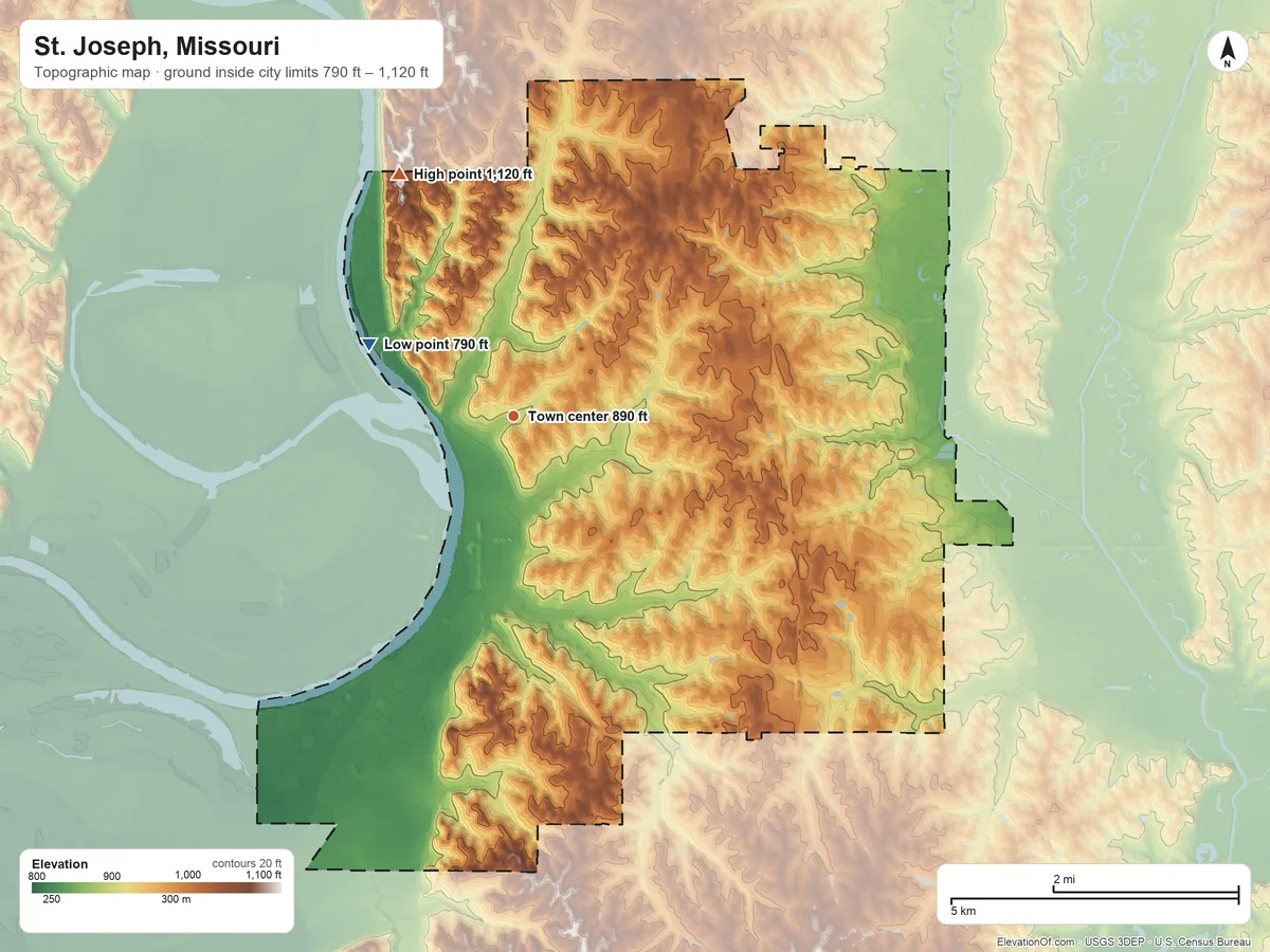 Topographic elevation map of St. Joseph, Missouri, shaded from 790 ft on the northwest side to 1,120 ft on the northwest side