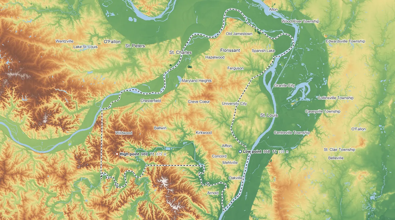Topographic elevation map of St. Louis County, Missouri, shaded from 360 ft on the southeast side to 900 ft on the southwest side