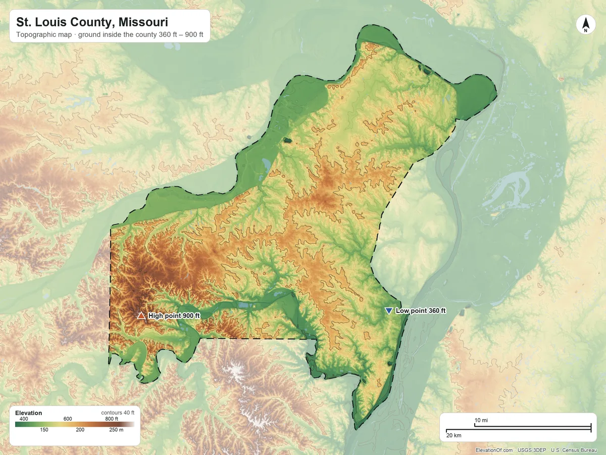Topographic elevation map of St. Louis County, Missouri, shaded from 360 ft on the southeast side to 900 ft on the southwest side