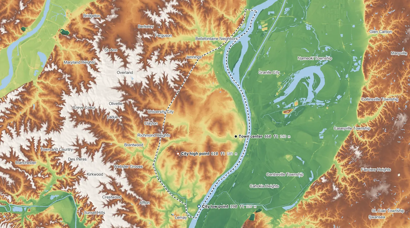 Topographic elevation map of St. Louis, Missouri, shaded from 390 ft on the southwest side to 610 ft on the west side