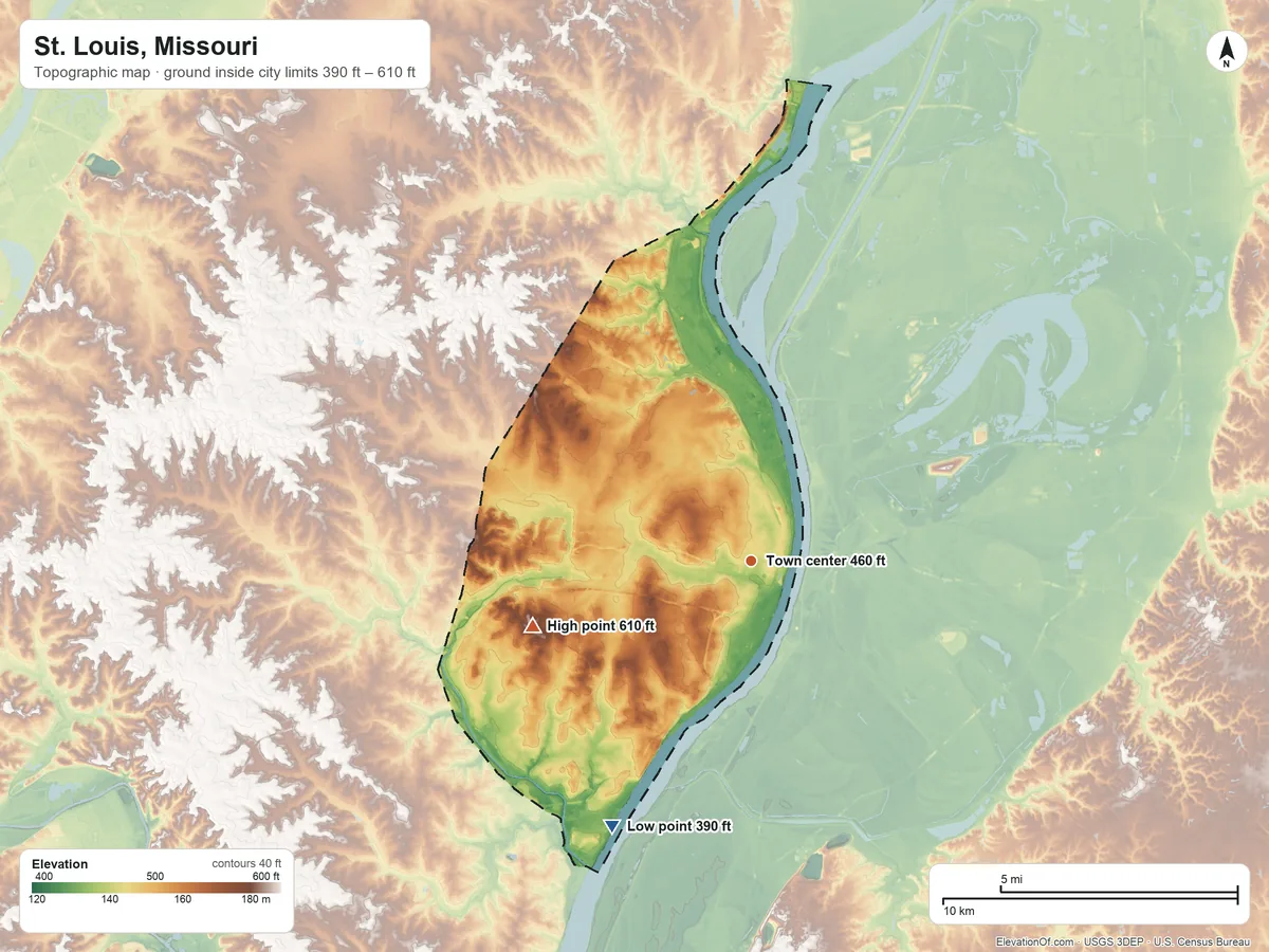 Topographic elevation map of St. Louis, Missouri, shaded from 390 ft on the southwest side to 610 ft on the west side