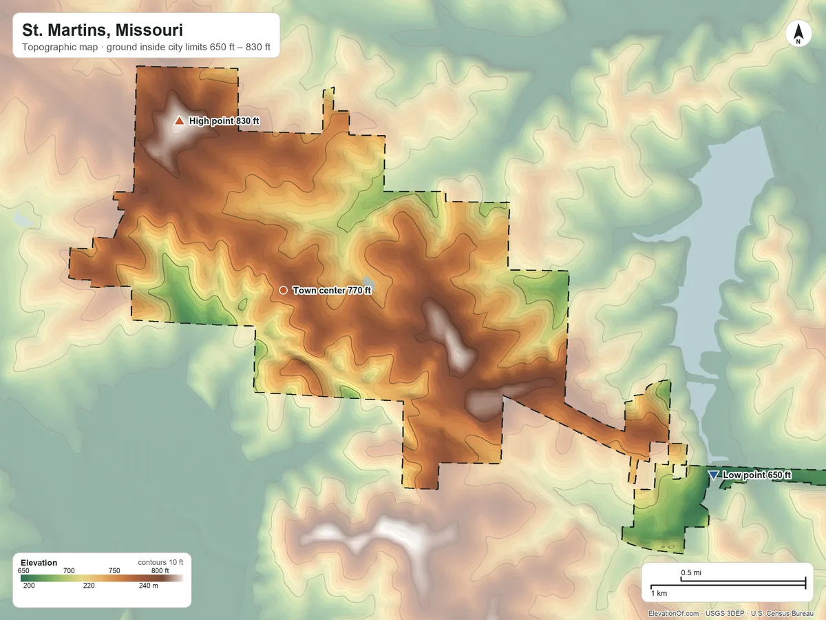 Topographic elevation map of St. Martins, Missouri, shaded from 650 ft on the southeast side to 830 ft on the northwest side