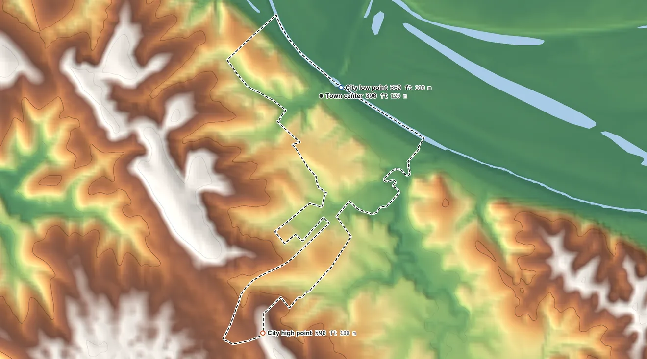 Topographic elevation map of St. Mary, Missouri, shaded from 360 ft near the middle to 590 ft on the south side