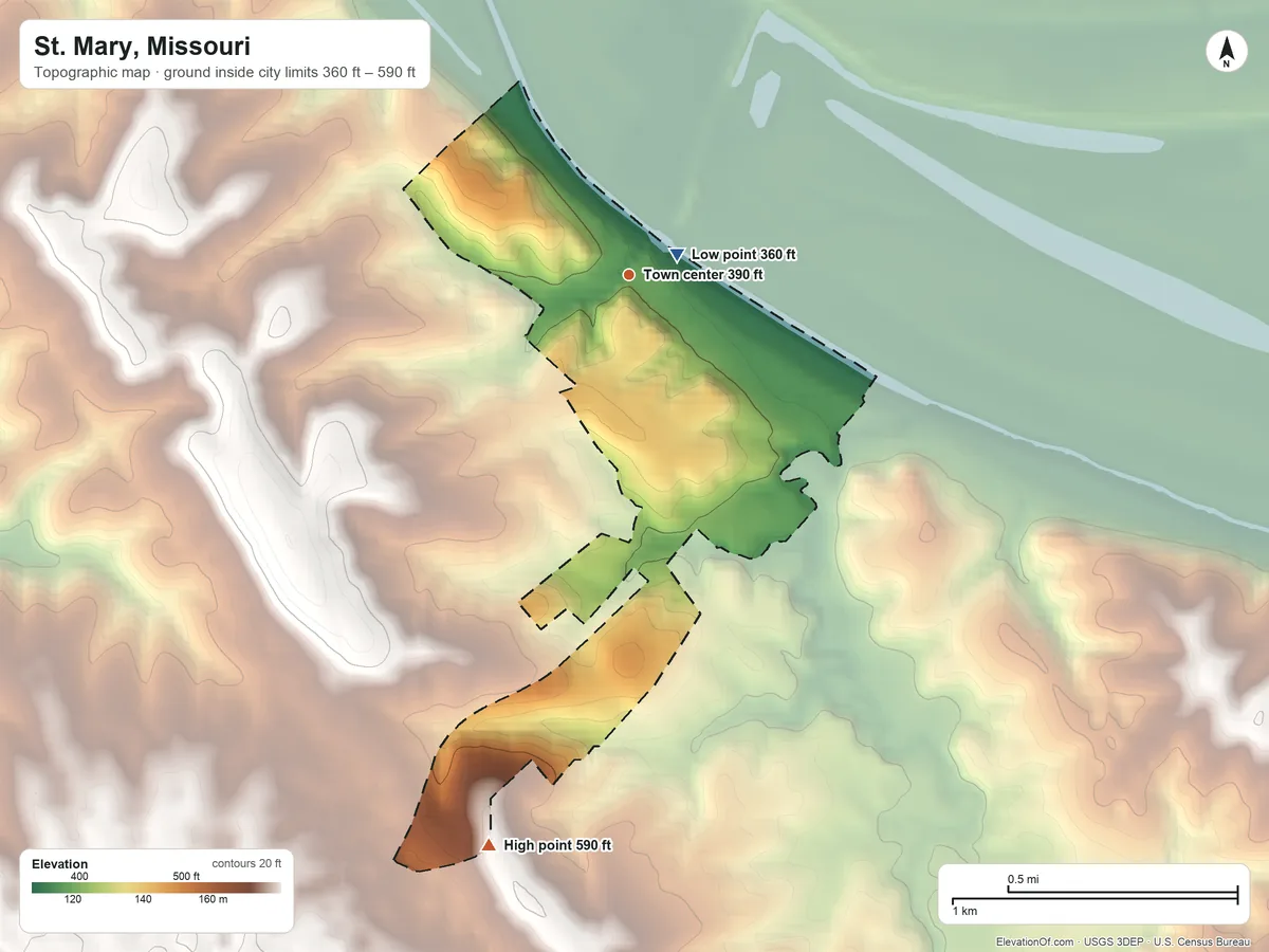 Topographic elevation map of St. Mary, Missouri, shaded from 360 ft near the middle to 590 ft on the south side