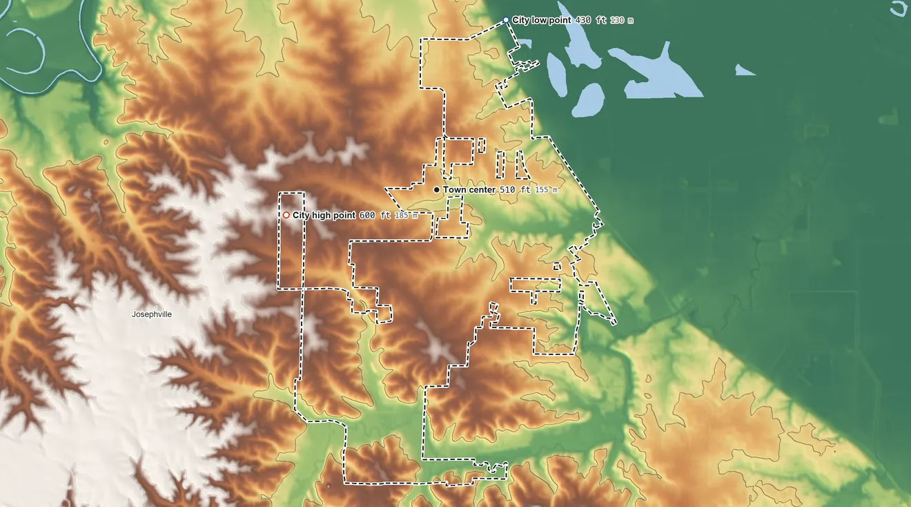 Topographic elevation map of St. Paul, Missouri, shaded from 430 ft on the north side to 600 ft on the west side