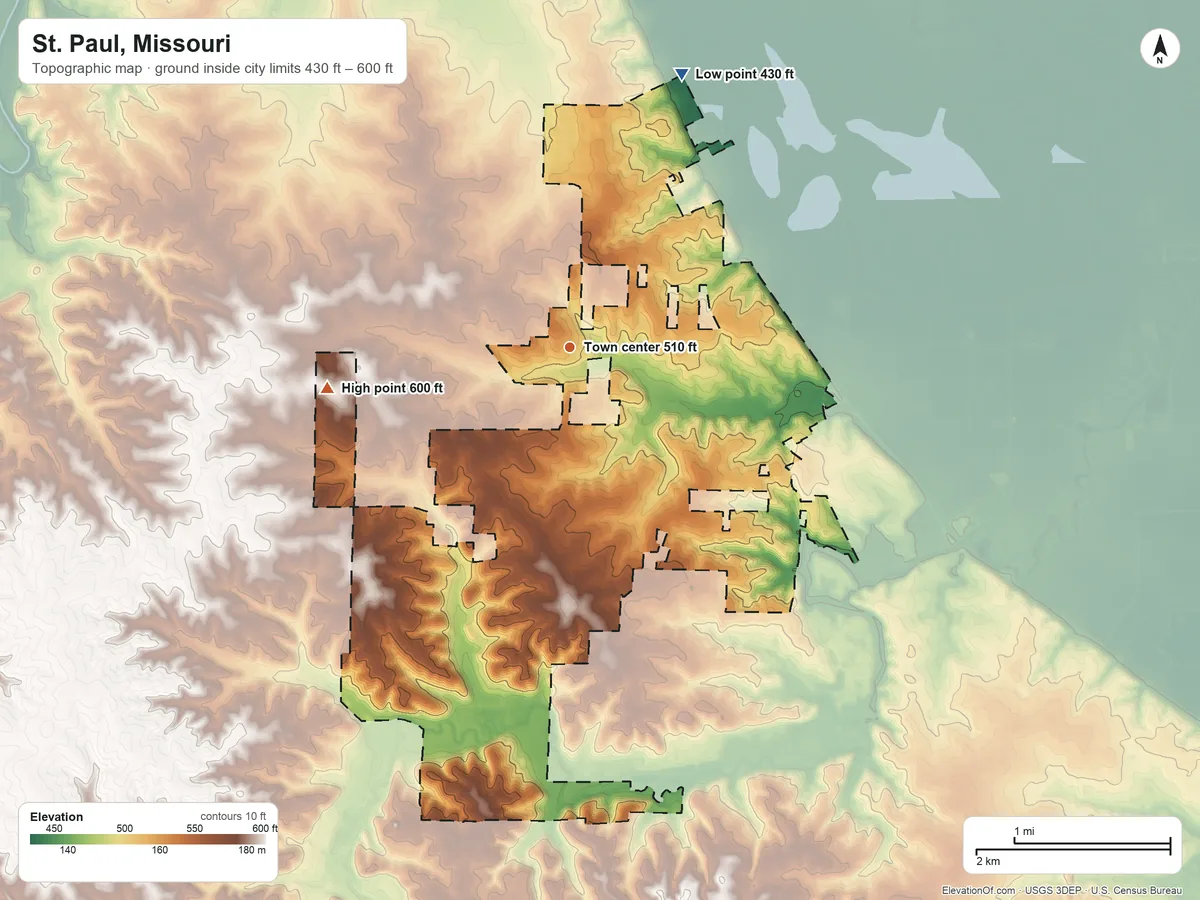 Topographic elevation map of St. Paul, Missouri, shaded from 430 ft on the north side to 600 ft on the west side