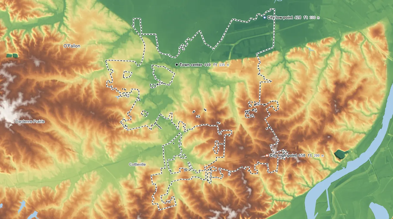 Topographic elevation map of St. Peters, Missouri, shaded from 420 ft on the northeast side to 650 ft on the southeast side