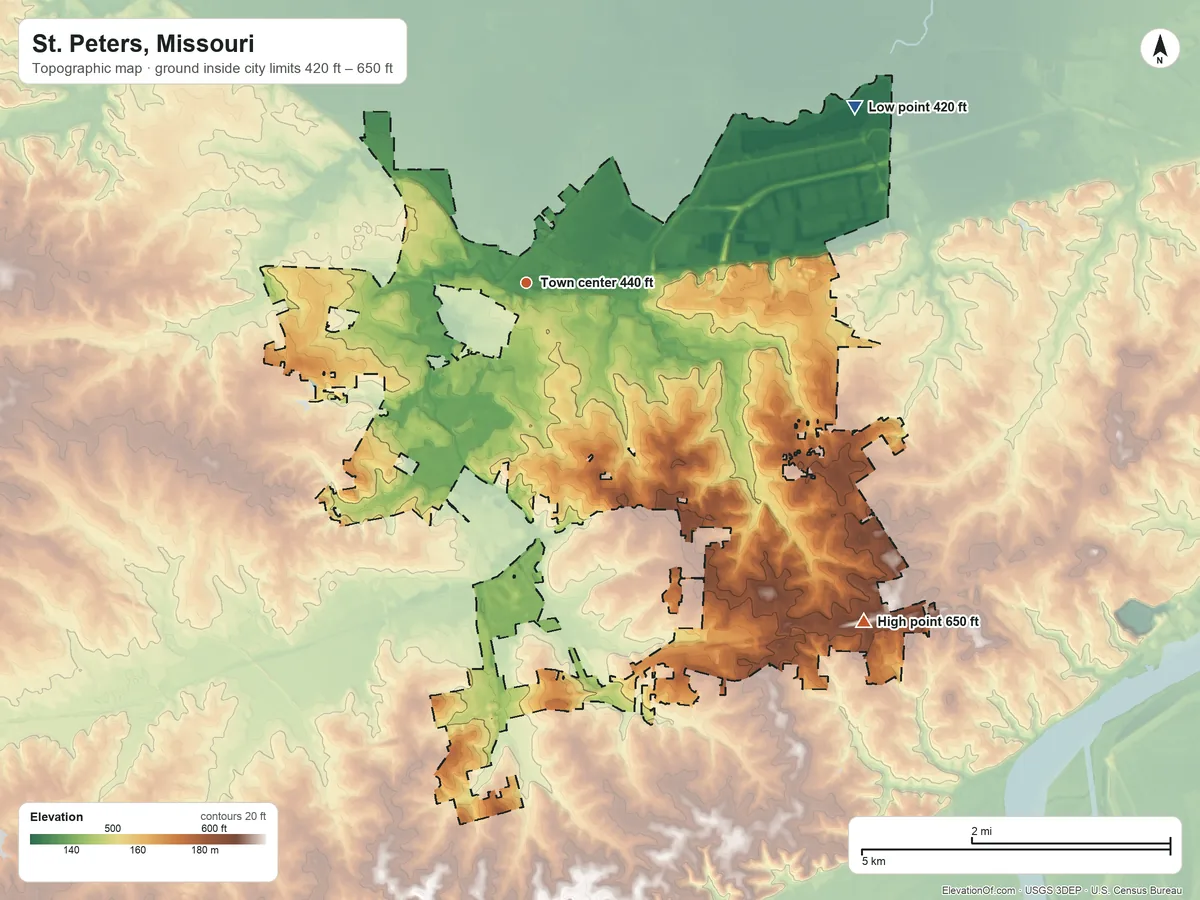 Topographic elevation map of St. Peters, Missouri, shaded from 420 ft on the northeast side to 650 ft on the southeast side