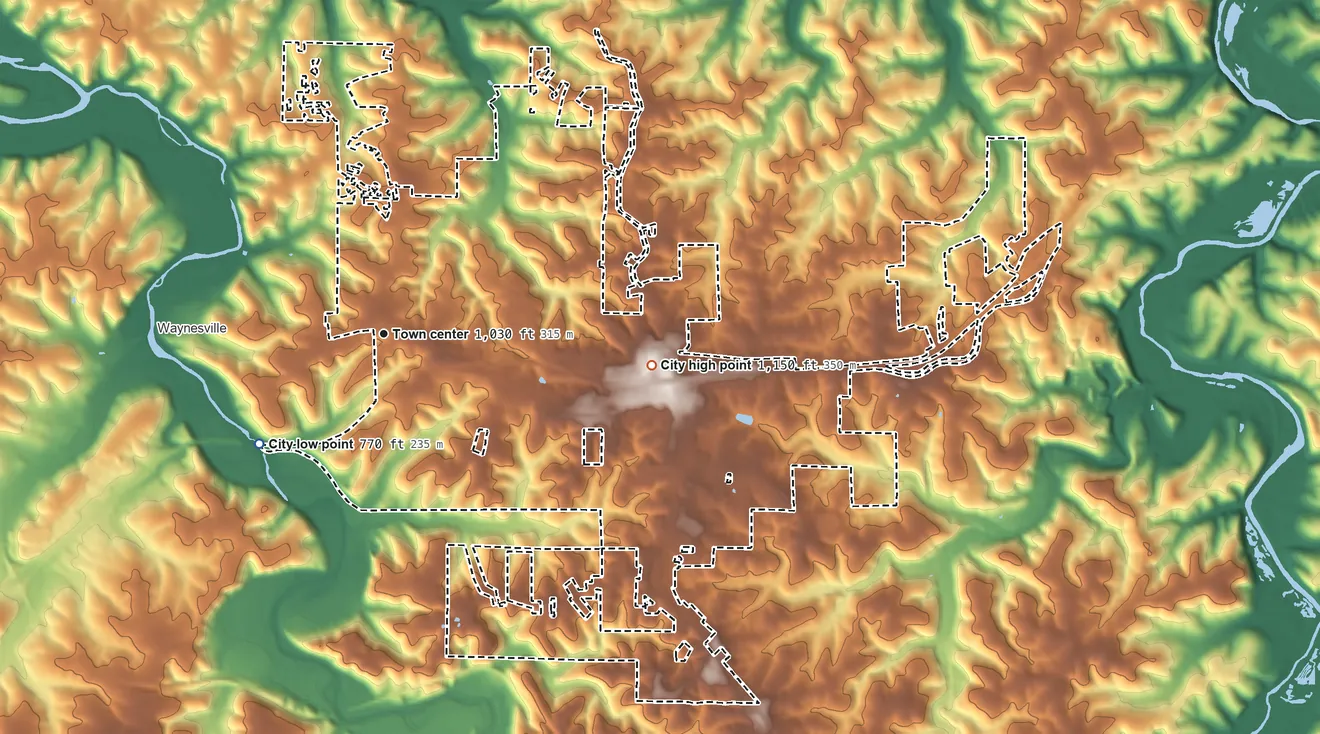 Topographic elevation map of St. Robert, Missouri, shaded from 770 ft on the southwest side to 1,150 ft on the east side