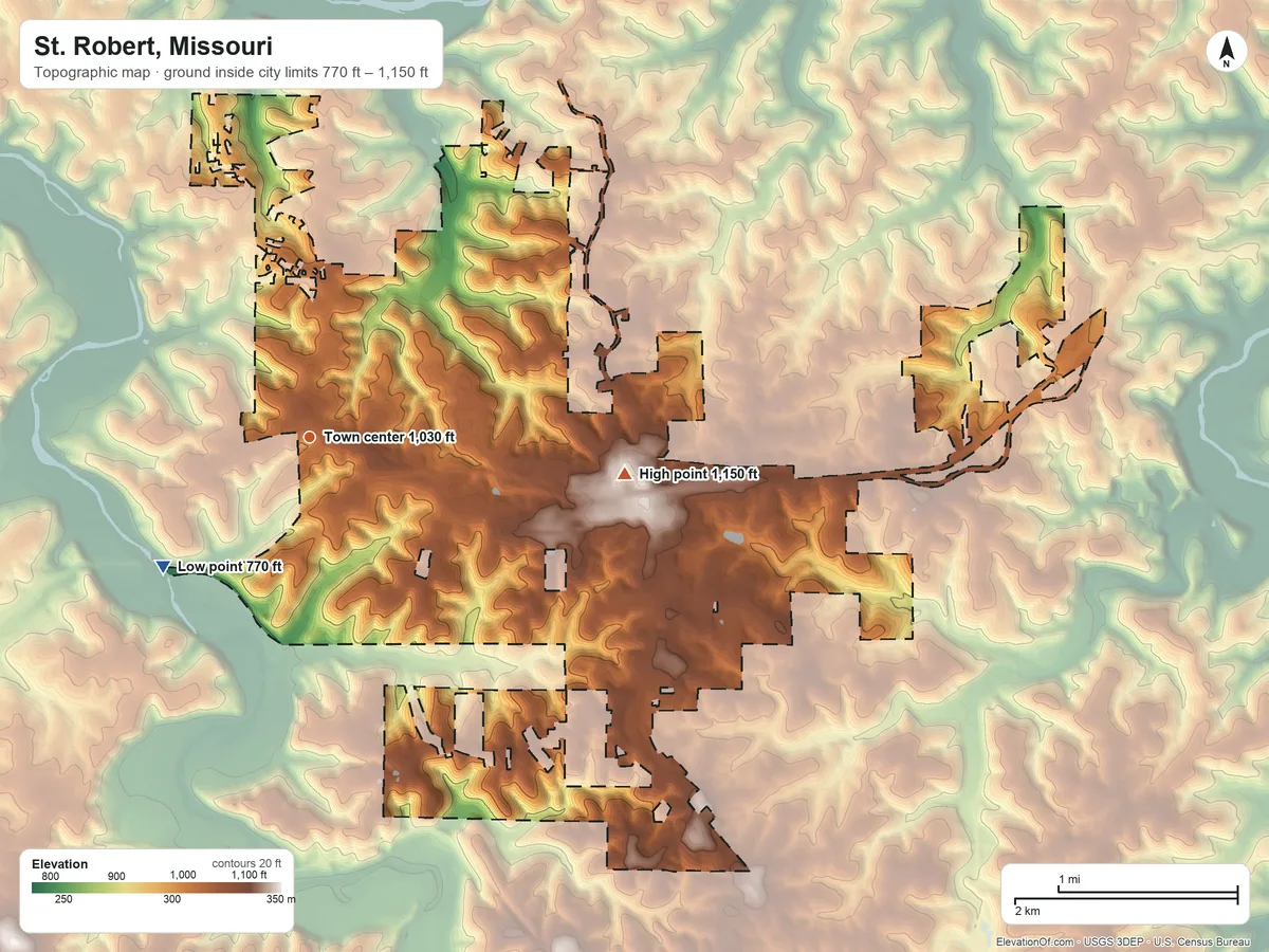 Topographic elevation map of St. Robert, Missouri, shaded from 770 ft on the southwest side to 1,150 ft on the east side