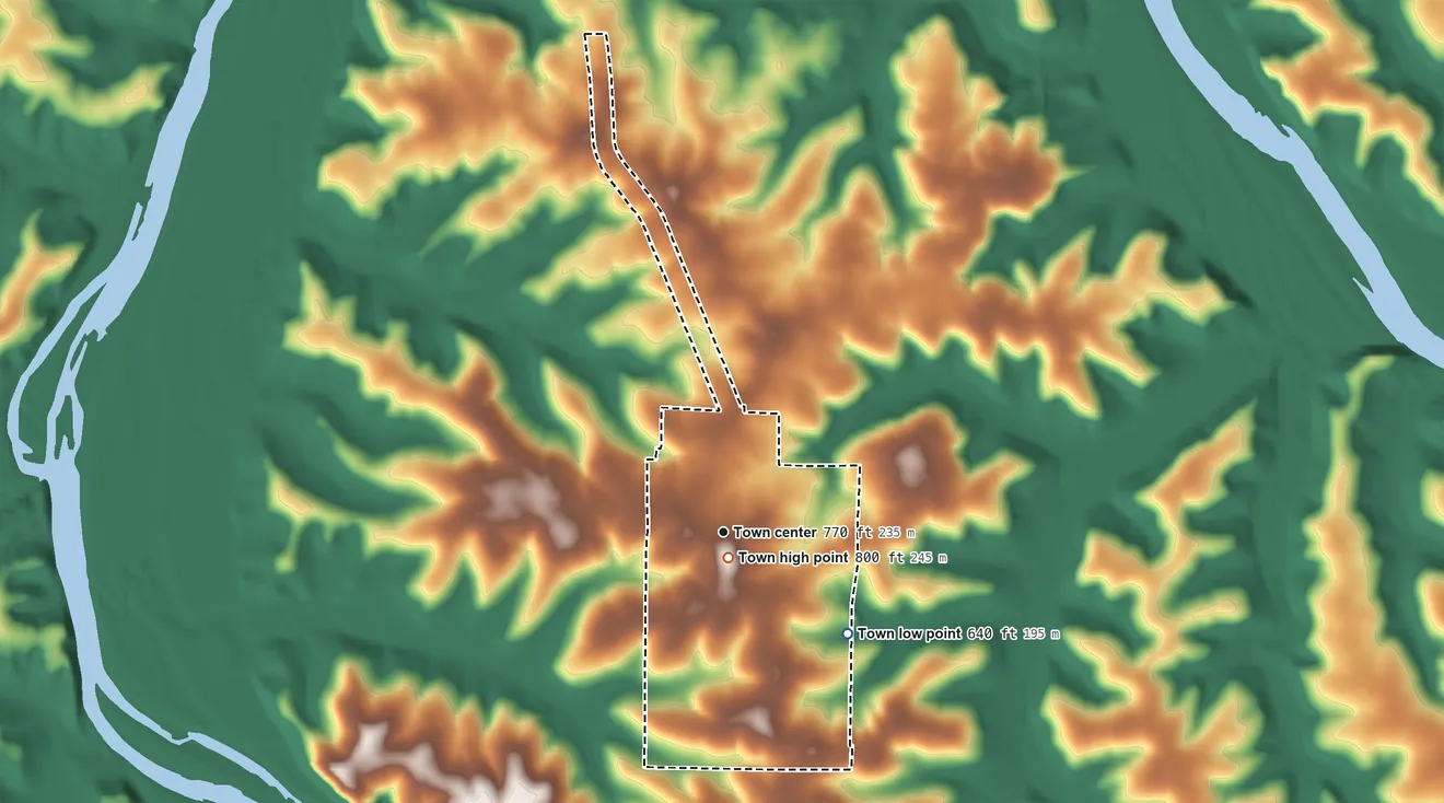 Topographic elevation map of St. Thomas, Missouri, shaded from 640 ft on the southeast side to 800 ft near the middle