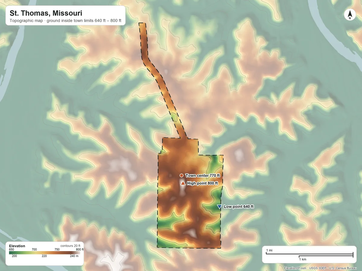 Topographic elevation map of St. Thomas, Missouri, shaded from 640 ft on the southeast side to 800 ft near the middle