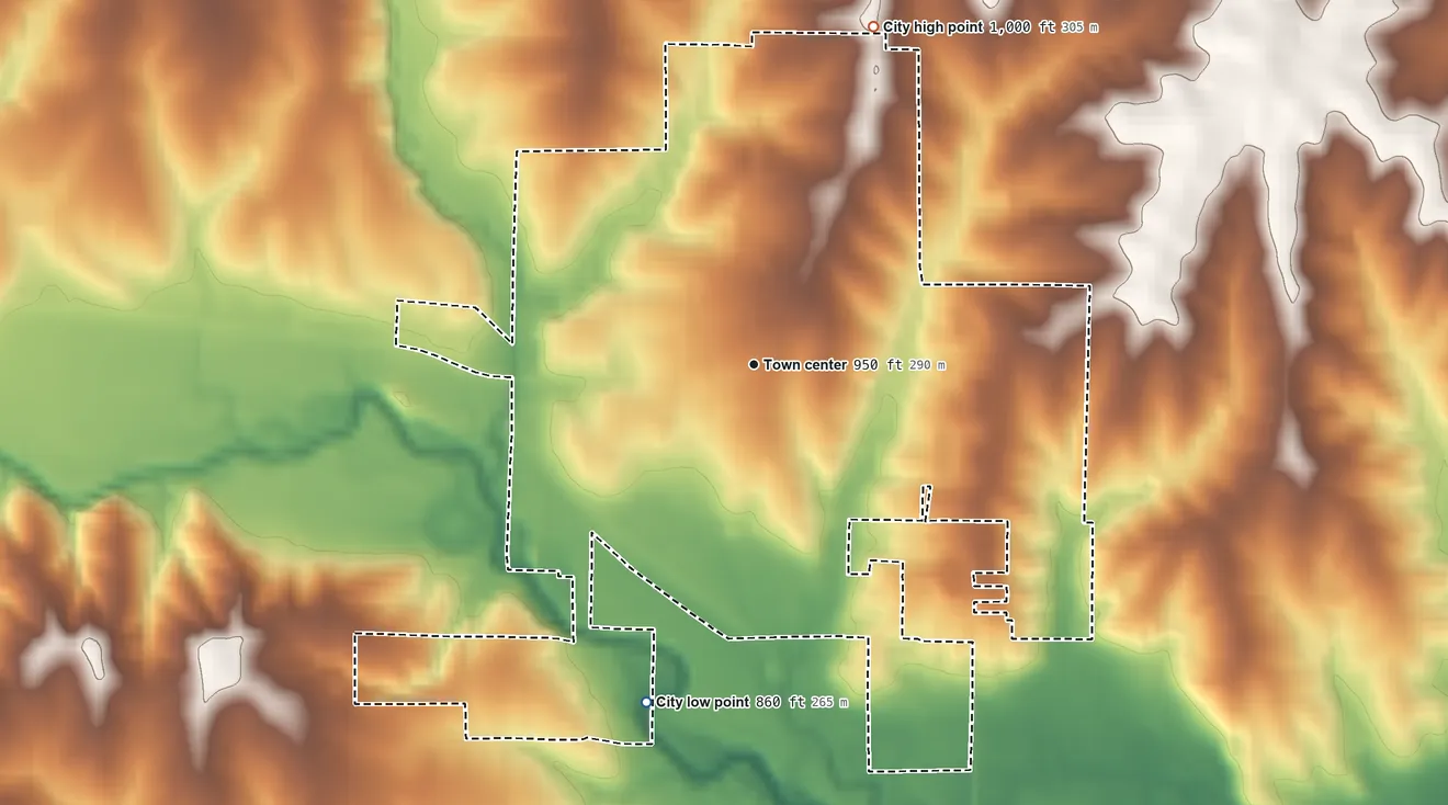 Topographic elevation map of Stanberry, Missouri, shaded from 860 ft on the south side to 1,000 ft on the north side