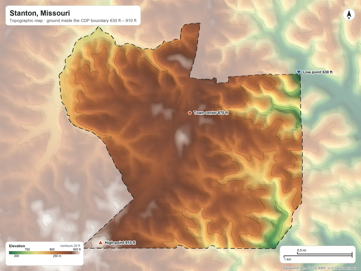Topographic elevation map of Stanton, Missouri, shaded from 630 ft on the east side to 910 ft on the southwest side