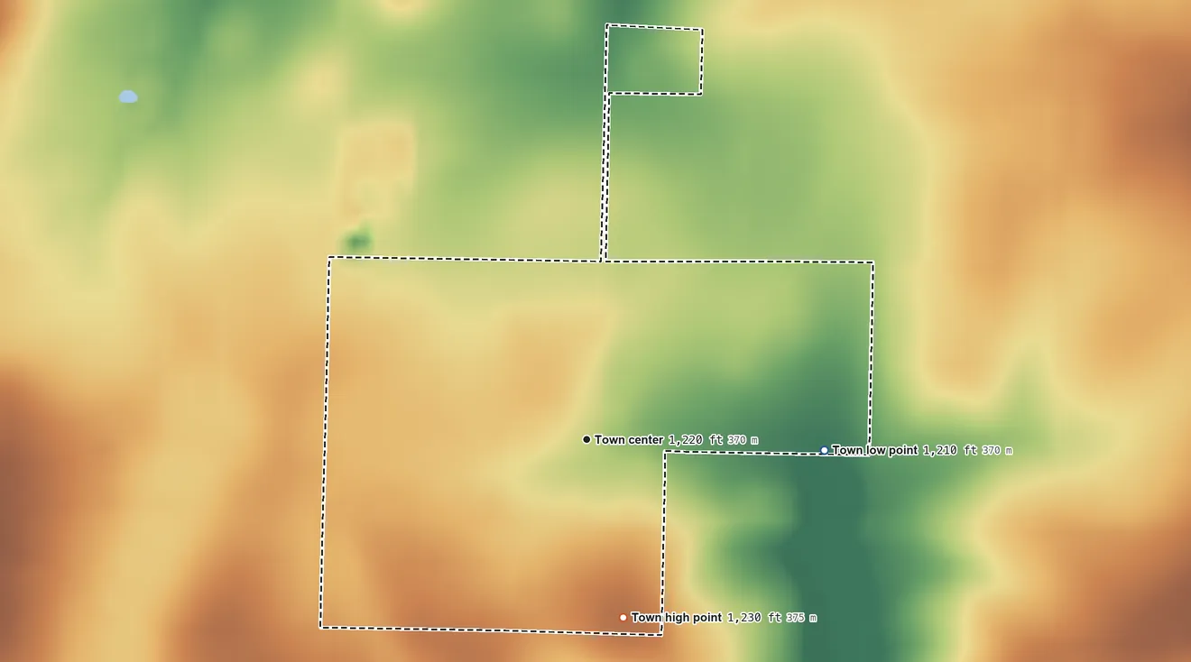 Topographic elevation map of Stark City, Missouri, shaded from 1,210 ft on the east side to 1,230 ft on the south side