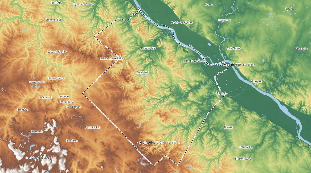 Topographic elevation map of Ste. Genevieve County, Missouri, shaded from 350 ft on the east side to 1,240 ft on the south side
