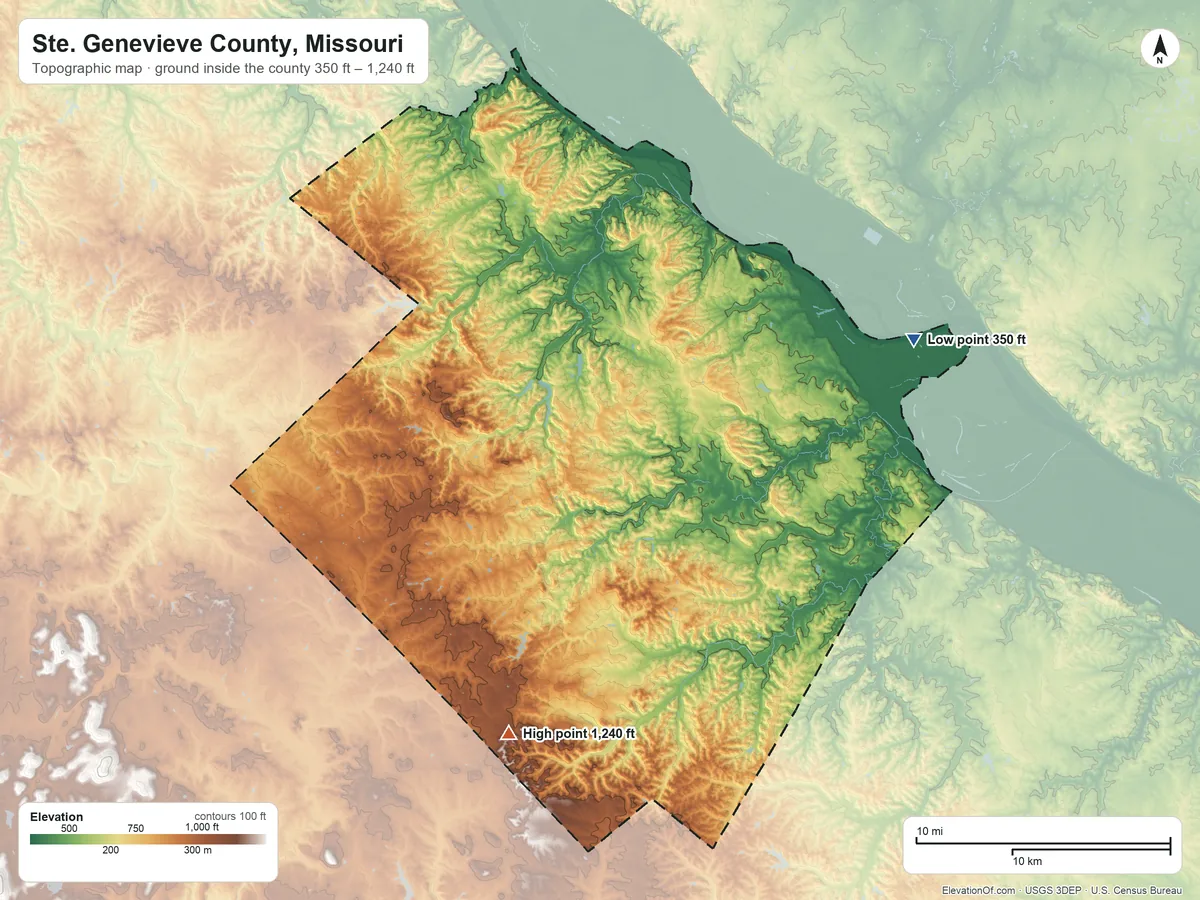 Topographic elevation map of Ste. Genevieve County, Missouri, shaded from 350 ft on the east side to 1,240 ft on the south side